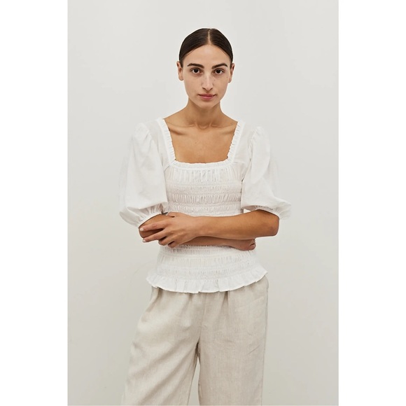 Women’s classic Square Neck Puffed Smocked White Top Blouse - Picture 2 of 4